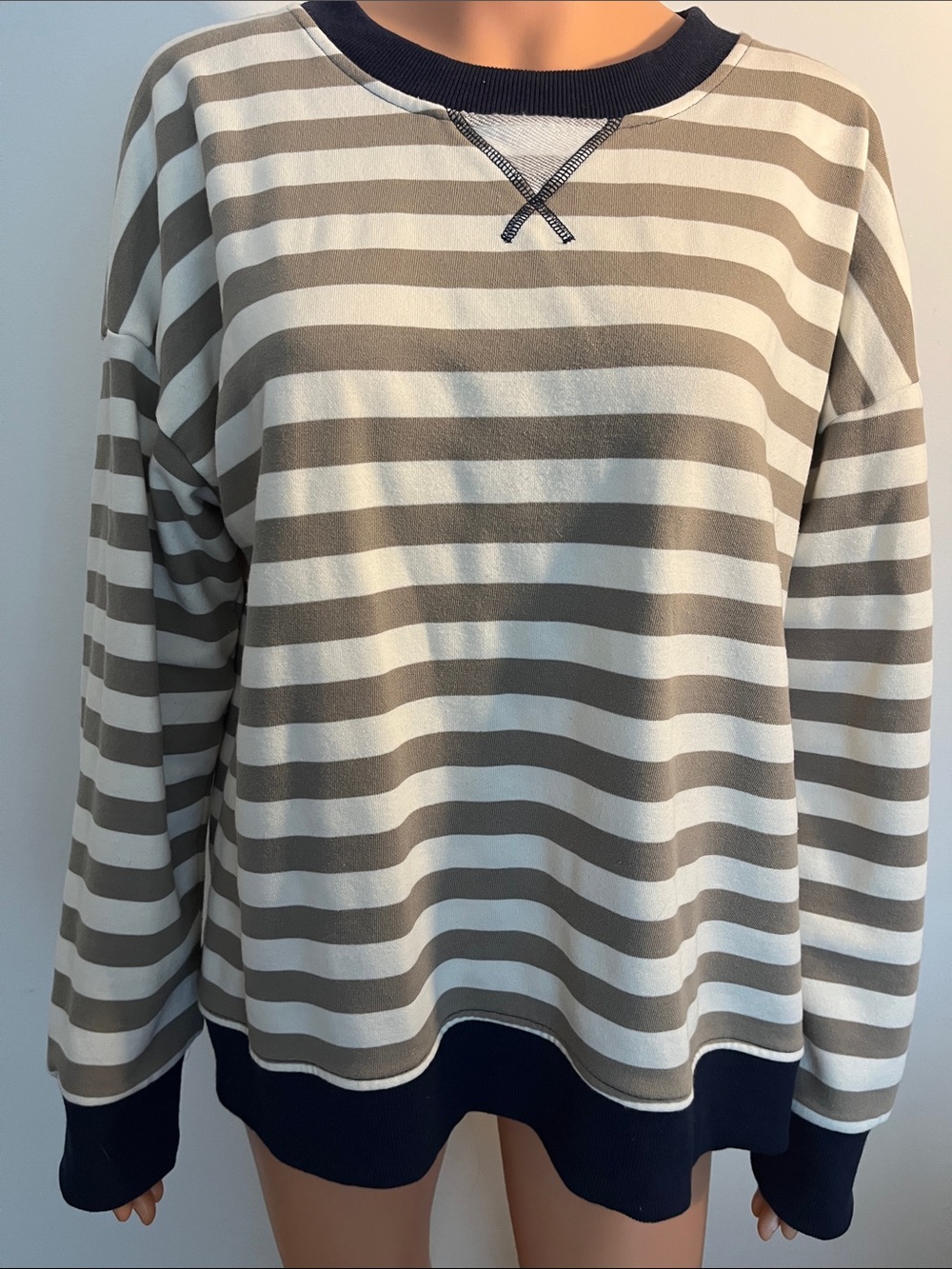 Hem & Thread Neutral Stripe Long Sleeve Pullover - Cream & Taupe with Navy Trim